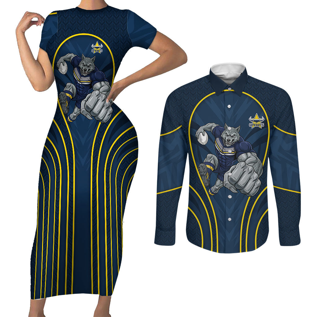 North Queensland Cowboys Rugby Mascot Couples Matching Short Sleeve Bodycon Dress and Long Sleeve Button Shirt Australian Rugby Culture - Tribal Inspired Wolf