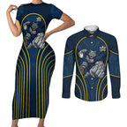 North Queensland Cowboys Rugby Mascot Couples Matching Short Sleeve Bodycon Dress and Long Sleeve Button Shirt Australian Rugby Culture - Tribal Inspired Wolf