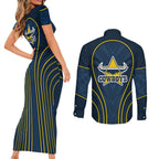 North Queensland Cowboys Rugby Mascot Couples Matching Short Sleeve Bodycon Dress and Long Sleeve Button Shirt Australian Rugby Culture - Tribal Inspired Wolf