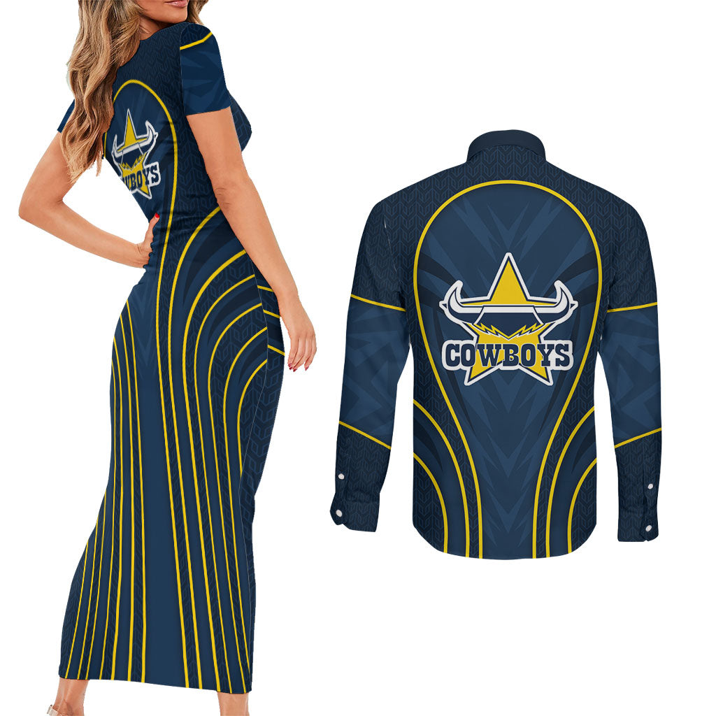 North Queensland Cowboys Rugby Mascot Couples Matching Short Sleeve Bodycon Dress and Long Sleeve Button Shirt Australian Rugby Culture - Tribal Inspired Wolf