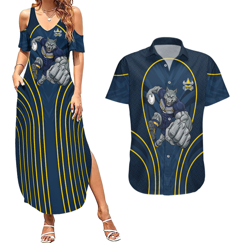 North Queensland Cowboys Rugby Mascot Couples Matching Summer Maxi Dress and Hawaiian Shirt Australian Rugby Culture - Tribal Inspired Wolf
