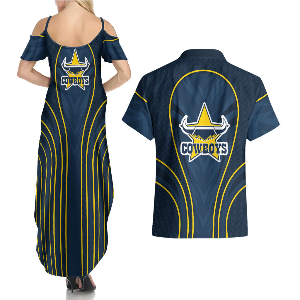 North Queensland Cowboys Rugby Mascot Couples Matching Summer Maxi Dress and Hawaiian Shirt Australian Rugby Culture - Tribal Inspired Wolf