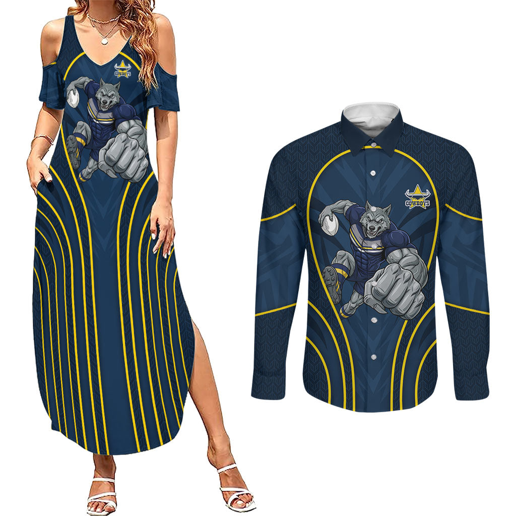 North Queensland Cowboys Rugby Mascot Couples Matching Summer Maxi Dress and Long Sleeve Button Shirt Australian Rugby Culture - Tribal Inspired Wolf