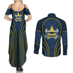 North Queensland Cowboys Rugby Mascot Couples Matching Summer Maxi Dress and Long Sleeve Button Shirt Australian Rugby Culture - Tribal Inspired Wolf