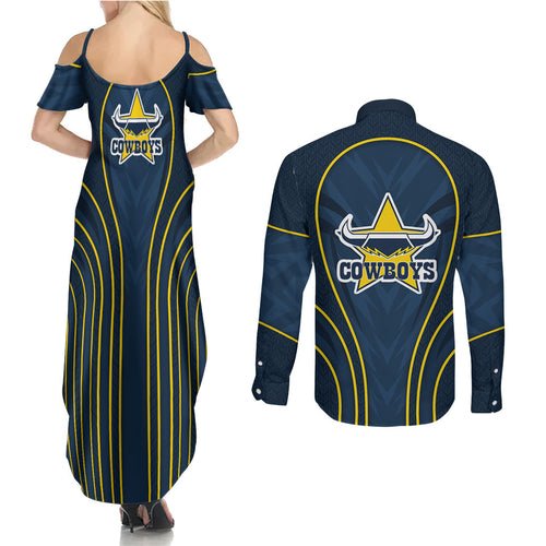 North Queensland Cowboys Rugby Mascot Couples Matching Summer Maxi Dress and Long Sleeve Button Shirt Australian Rugby Culture - Tribal Inspired Wolf