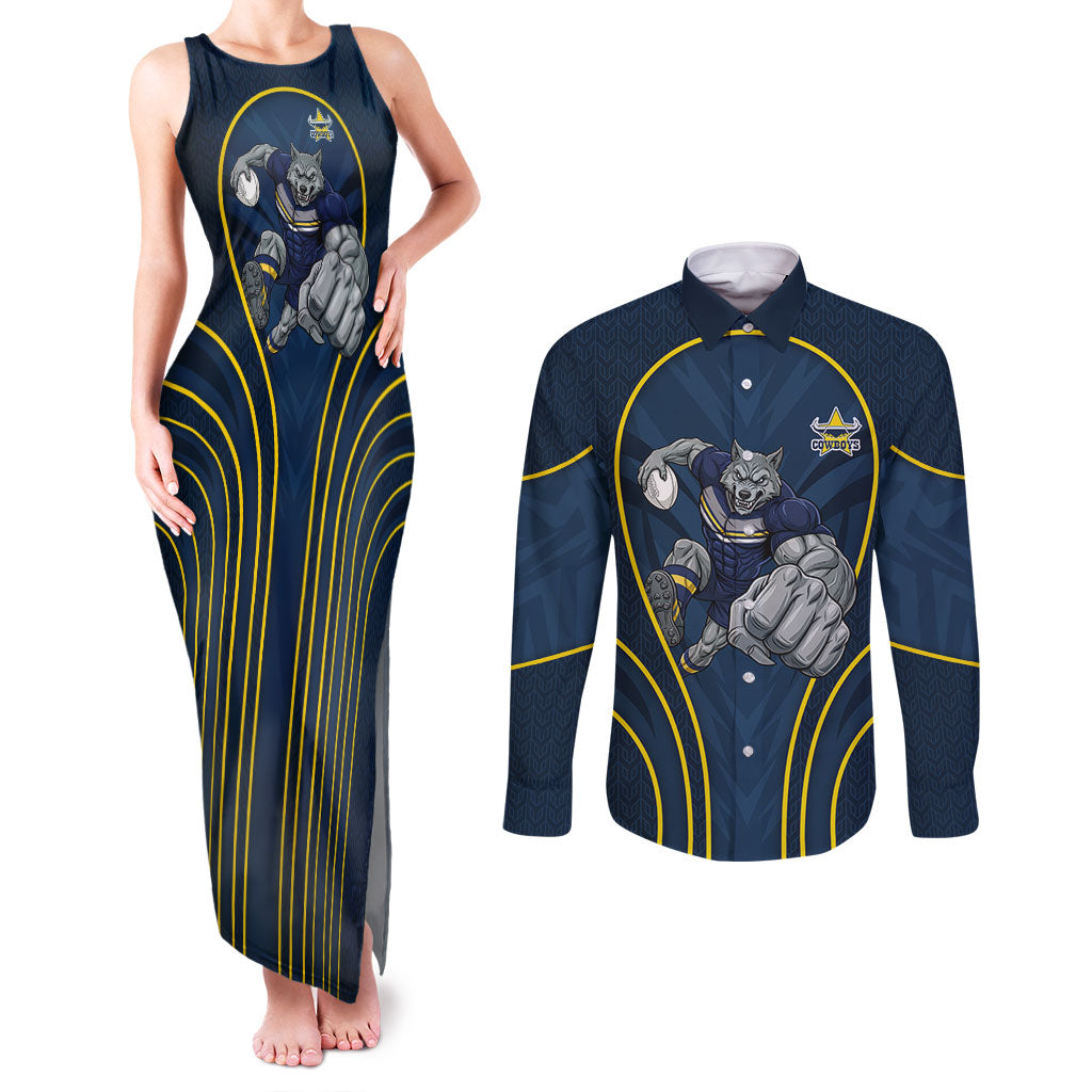 North Queensland Cowboys Rugby Mascot Couples Matching Tank Maxi Dress and Long Sleeve Button Shirt Australian Rugby Culture - Tribal Inspired Wolf