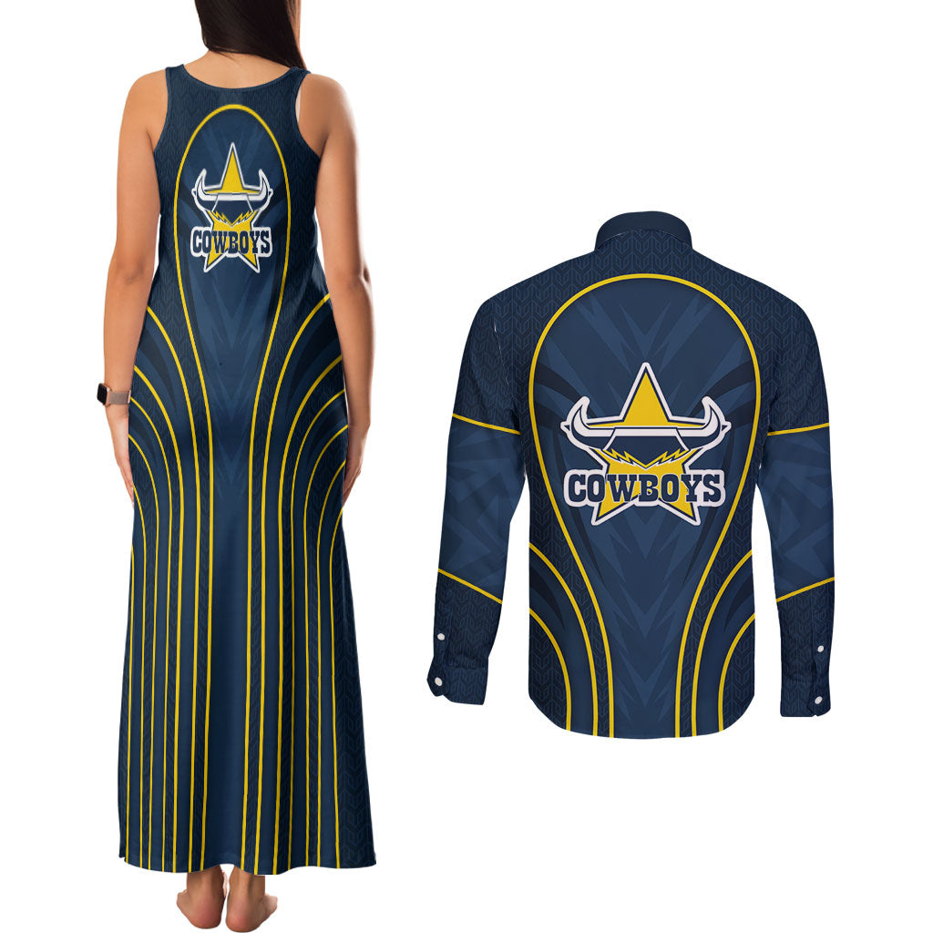 North Queensland Cowboys Rugby Mascot Couples Matching Tank Maxi Dress and Long Sleeve Button Shirt Australian Rugby Culture - Tribal Inspired Wolf
