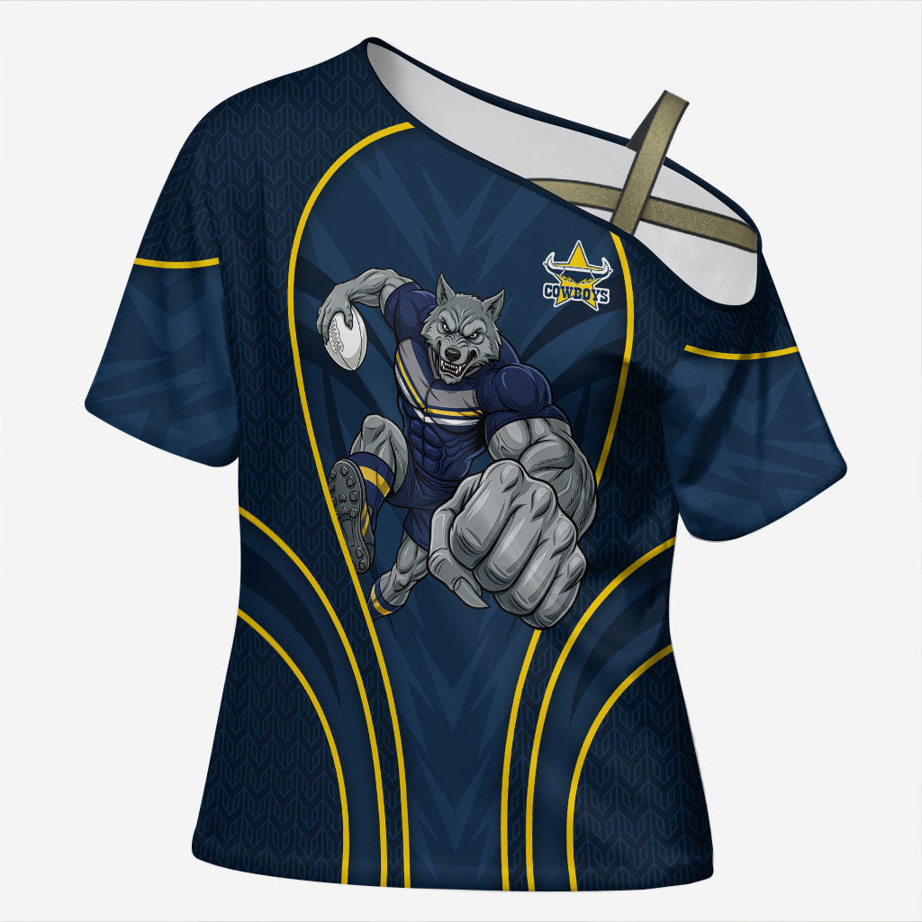 North Queensland Cowboys Rugby Mascot Cross Shoulder Shirt Australian Rugby Culture - Tribal Inspired Wolf