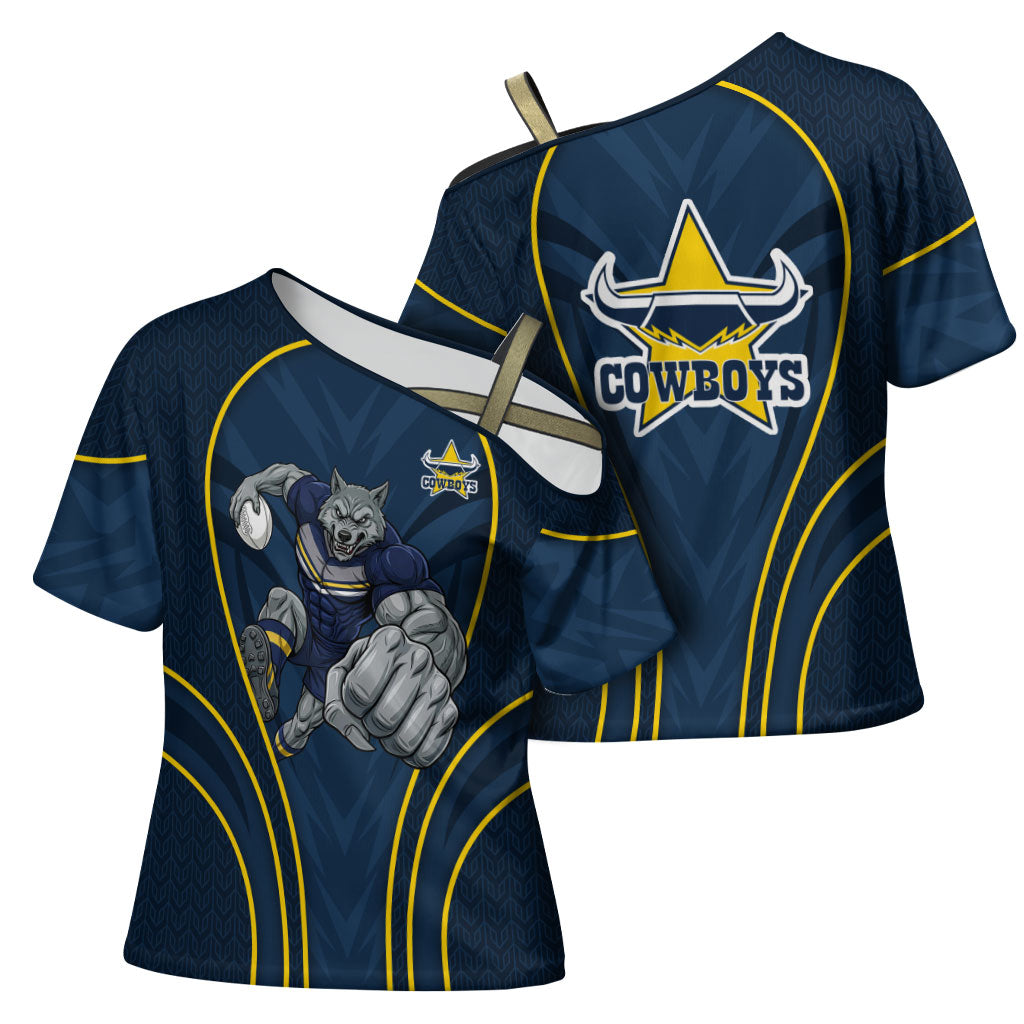 North Queensland Cowboys Rugby Mascot Cross Shoulder Shirt Australian Rugby Culture - Tribal Inspired Wolf