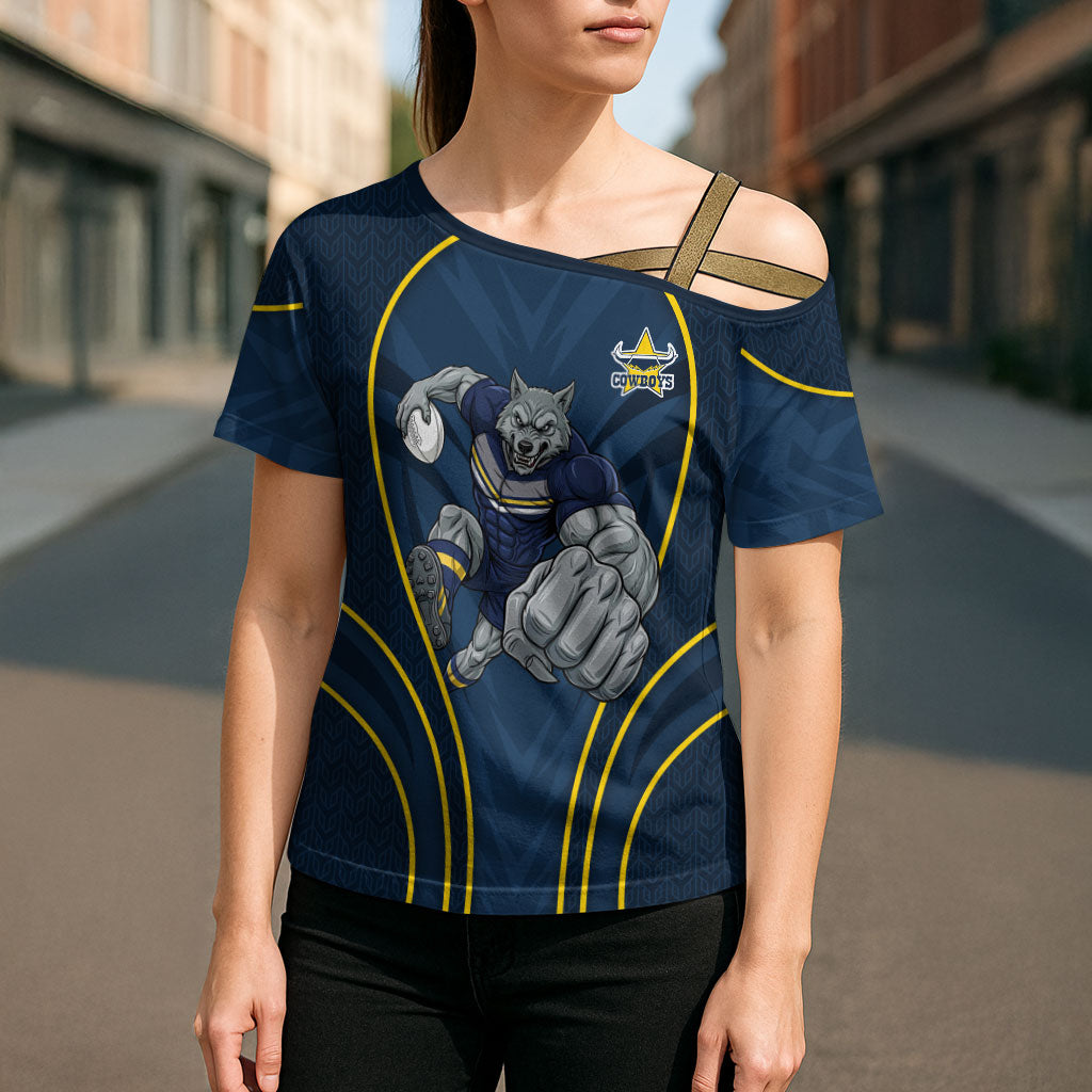 North Queensland Cowboys Rugby Mascot Cross Shoulder Shirt Australian Rugby Culture - Tribal Inspired Wolf