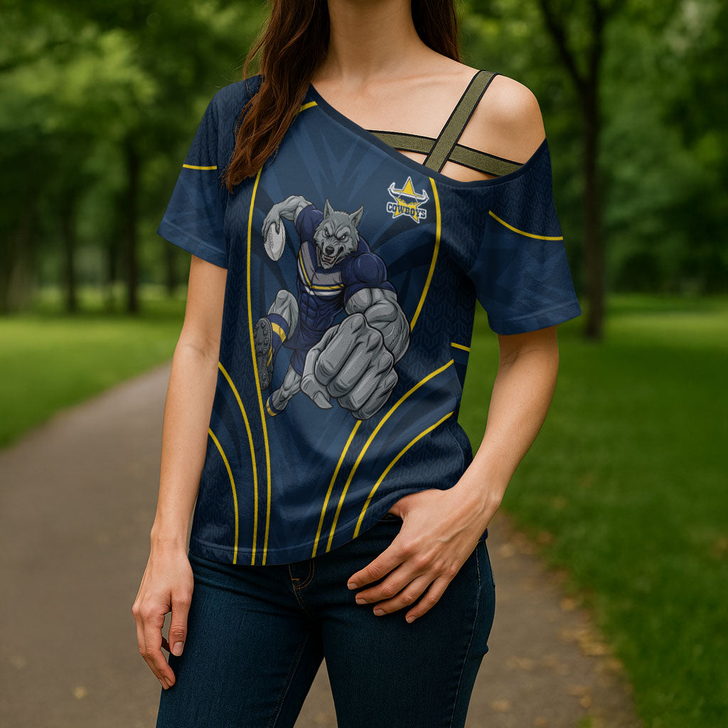North Queensland Cowboys Rugby Mascot Cross Shoulder Shirt Australian Rugby Culture - Tribal Inspired Wolf
