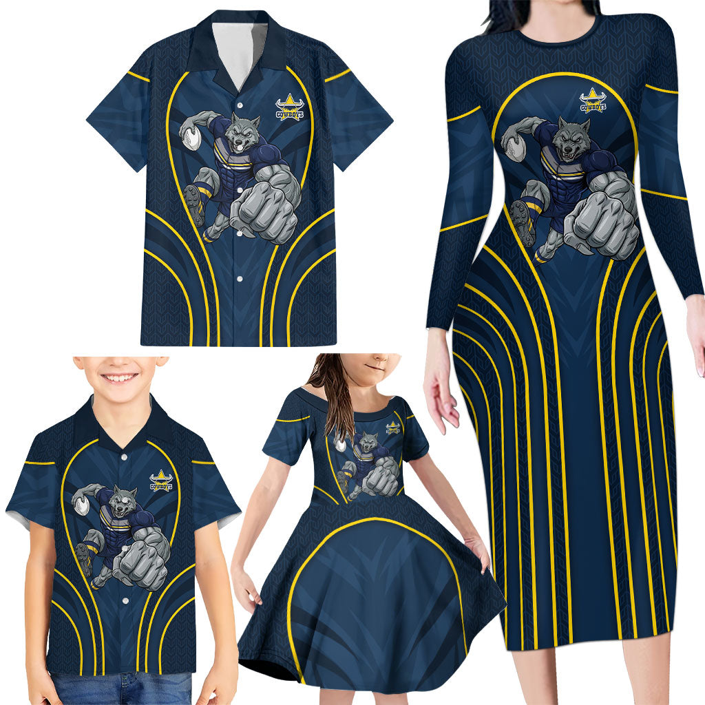 North Queensland Cowboys Rugby Mascot Family Matching Long Sleeve Bodycon Dress and Hawaiian Shirt Australian Rugby Culture - Tribal Inspired Wolf