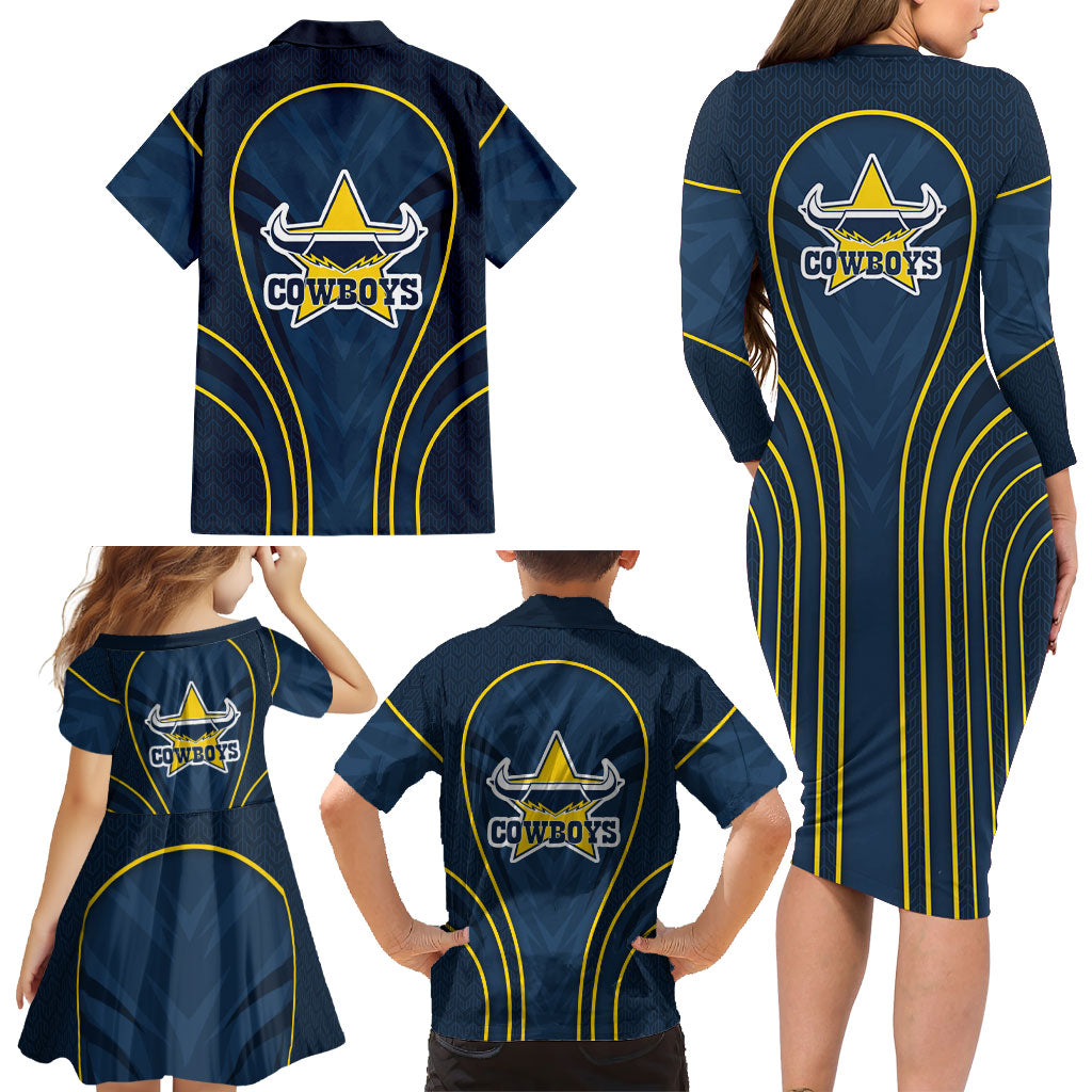 North Queensland Cowboys Rugby Mascot Family Matching Long Sleeve Bodycon Dress and Hawaiian Shirt Australian Rugby Culture - Tribal Inspired Wolf