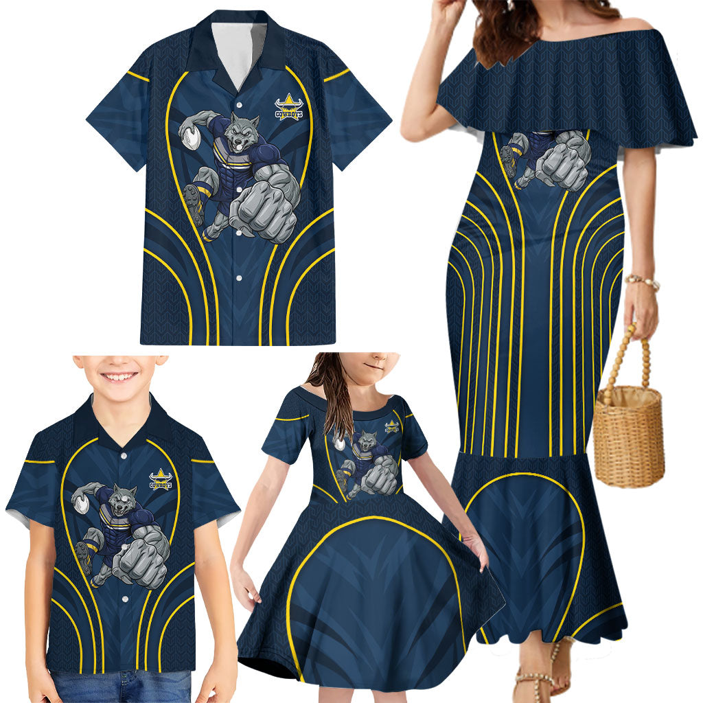North Queensland Cowboys Rugby Mascot Family Matching Mermaid Dress and Hawaiian Shirt Australian Rugby Culture - Tribal Inspired Wolf