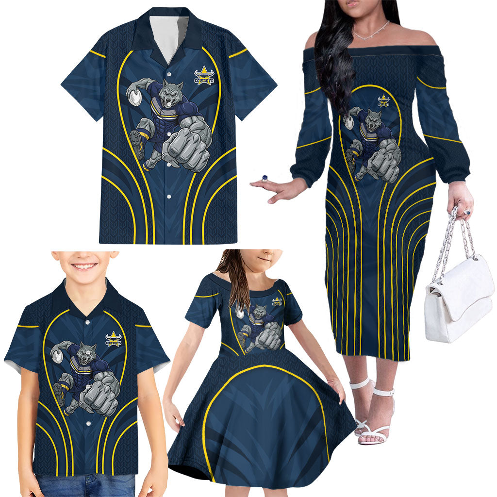 North Queensland Cowboys Rugby Mascot Family Matching Off The Shoulder Long Sleeve Dress and Hawaiian Shirt Australian Rugby Culture - Tribal Inspired Wolf