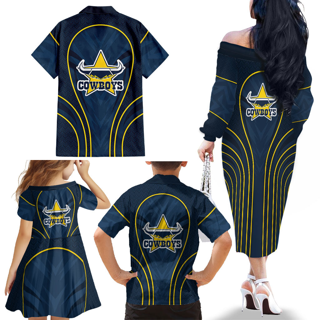 North Queensland Cowboys Rugby Mascot Family Matching Off The Shoulder Long Sleeve Dress and Hawaiian Shirt Australian Rugby Culture - Tribal Inspired Wolf