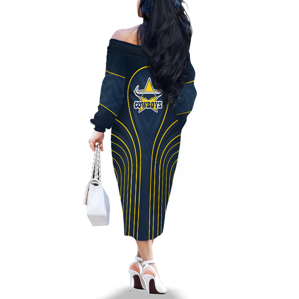 North Queensland Cowboys Rugby Mascot Family Matching Off The Shoulder Long Sleeve Dress and Hawaiian Shirt Australian Rugby Culture - Tribal Inspired Wolf