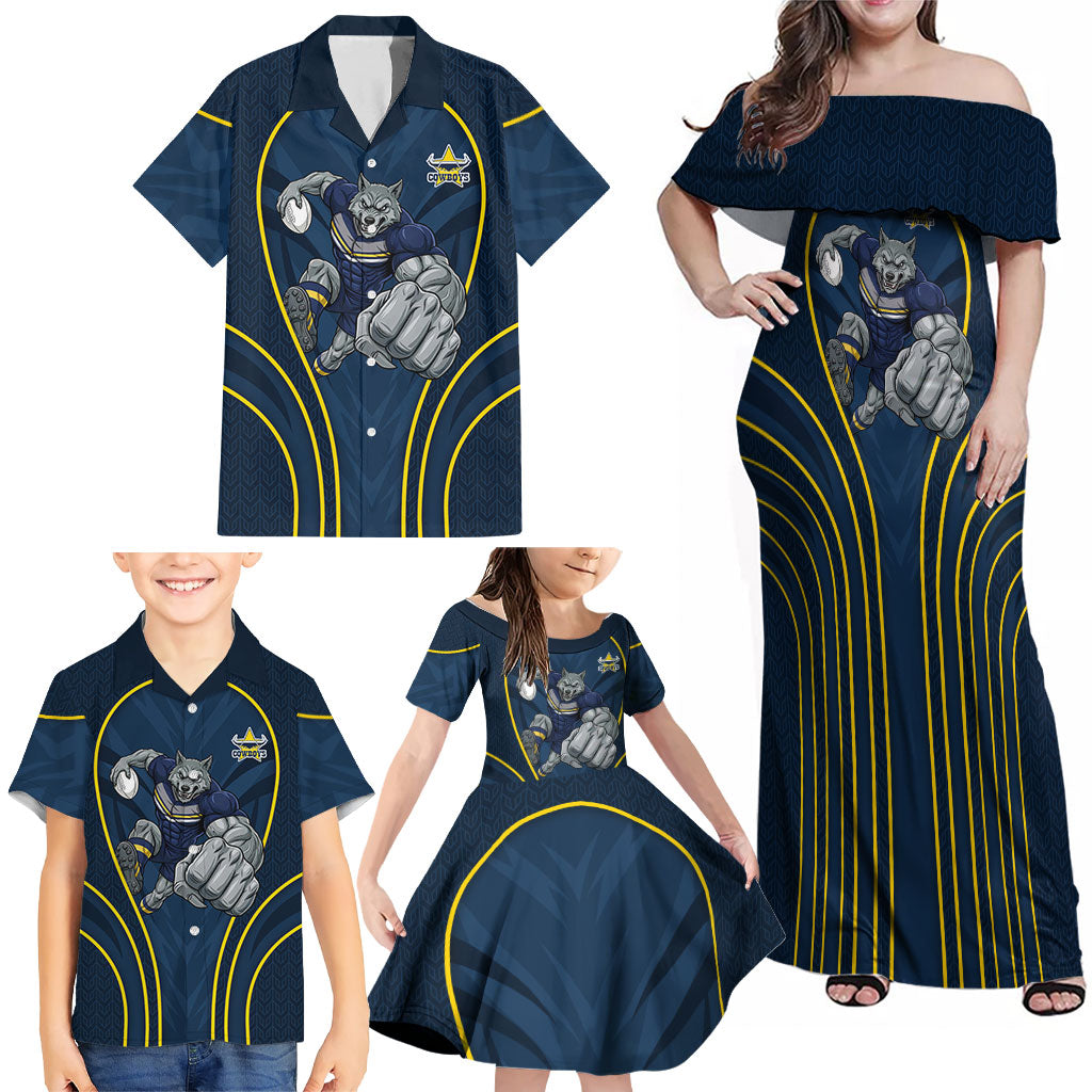 North Queensland Cowboys Rugby Mascot Family Matching Off Shoulder Maxi Dress and Hawaiian Shirt Australian Rugby Culture - Tribal Inspired Wolf