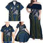 North Queensland Cowboys Rugby Mascot Family Matching Off Shoulder Maxi Dress and Hawaiian Shirt Australian Rugby Culture - Tribal Inspired Wolf