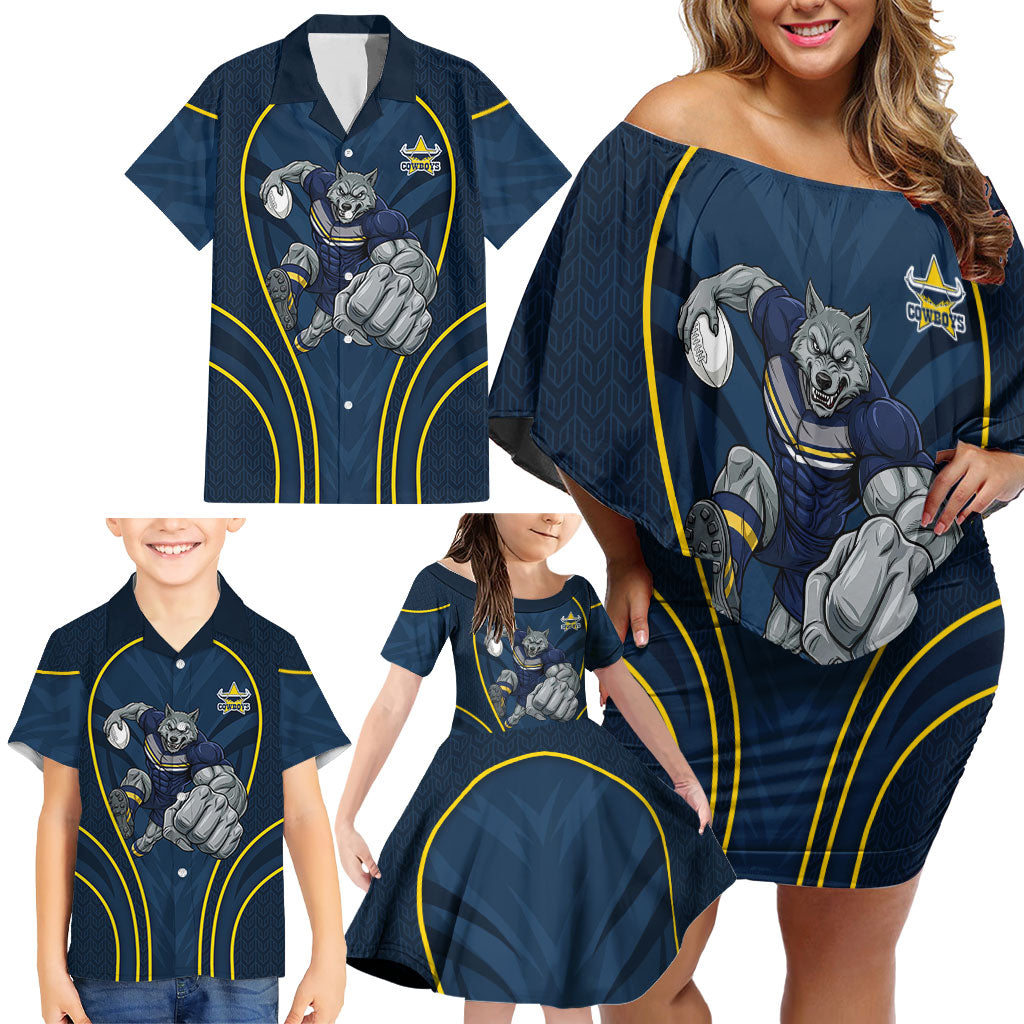 North Queensland Cowboys Rugby Mascot Family Matching Off Shoulder Short Dress and Hawaiian Shirt Australian Rugby Culture - Tribal Inspired Wolf