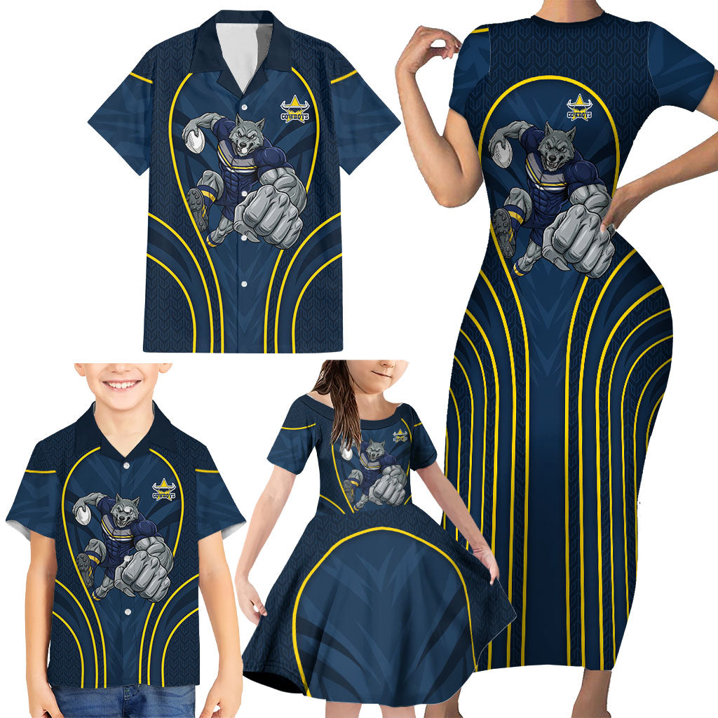 North Queensland Cowboys Rugby Mascot Family Matching Short Sleeve Bodycon Dress and Hawaiian Shirt Australian Rugby Culture - Tribal Inspired Wolf
