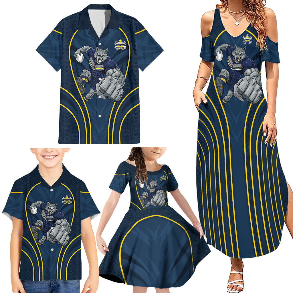 North Queensland Cowboys Rugby Mascot Family Matching Summer Maxi Dress and Hawaiian Shirt Australian Rugby Culture - Tribal Inspired Wolf
