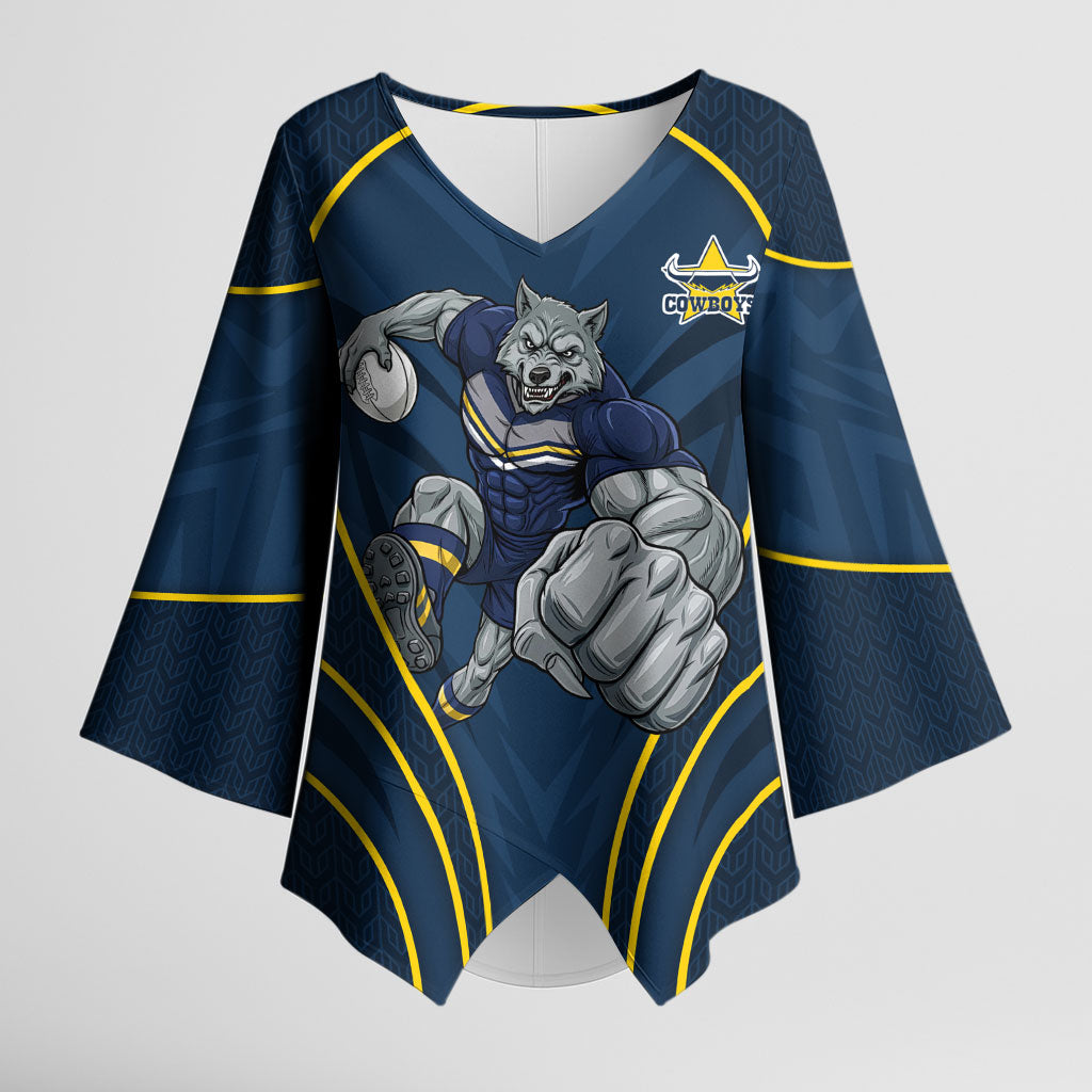 North Queensland Cowboys Rugby Mascot Kimono Sleeve Blouse Australian Rugby Culture - Tribal Inspired Wolf