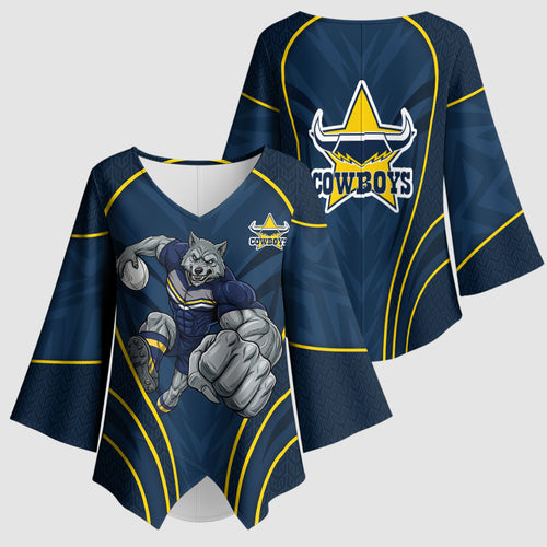 North Queensland Cowboys Rugby Mascot Kimono Sleeve Blouse Australian Rugby Culture - Tribal Inspired Wolf