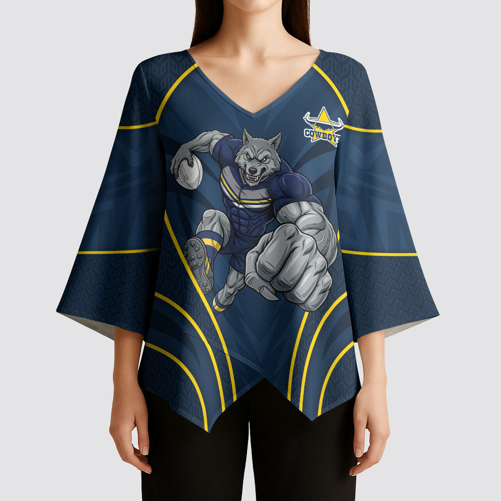North Queensland Cowboys Rugby Mascot Kimono Sleeve Blouse Australian Rugby Culture - Tribal Inspired Wolf