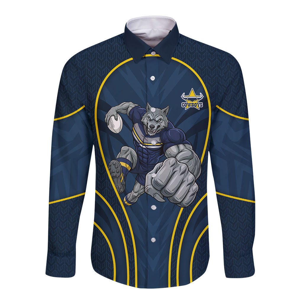 North Queensland Cowboys Rugby Mascot Long Sleeve Button Shirt Australian Rugby Culture - Tribal Inspired Wolf