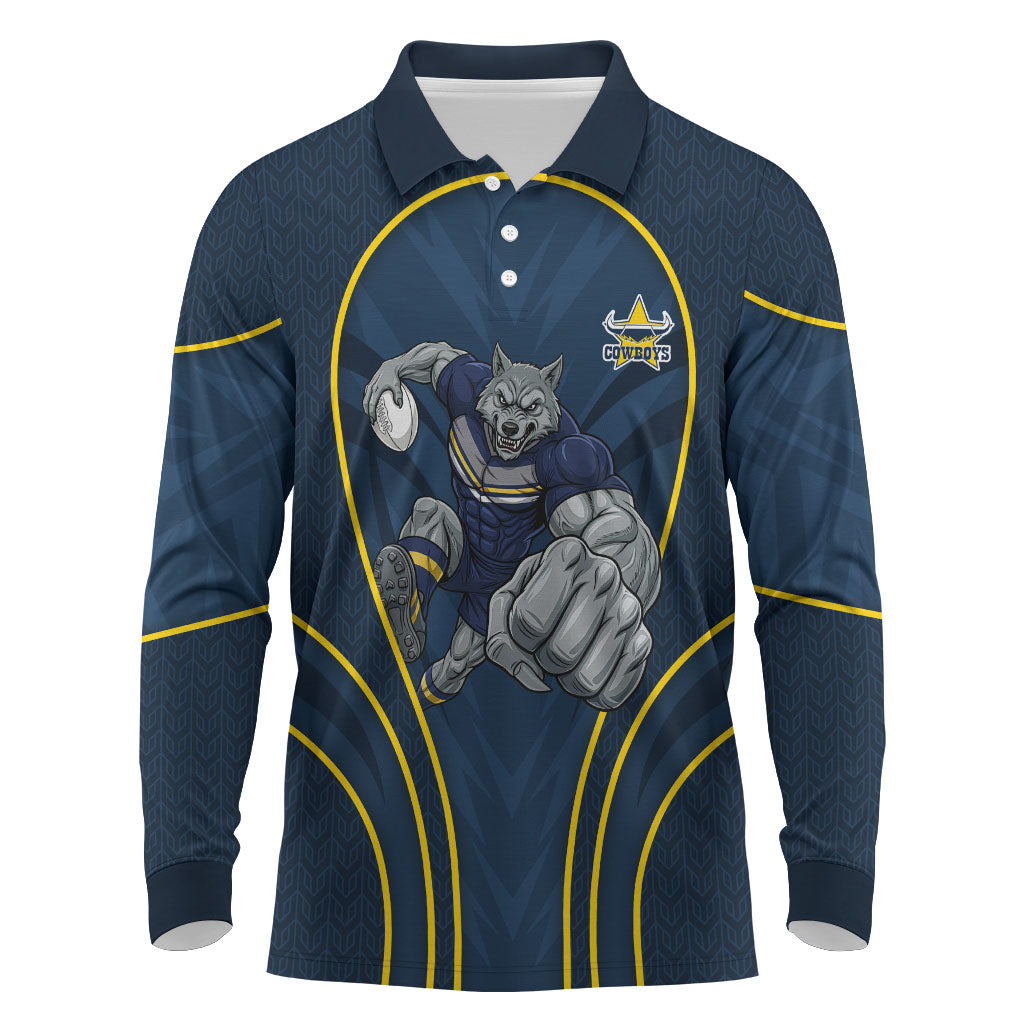 North Queensland Cowboys Rugby Mascot Long Sleeve Polo Shirt Australian Rugby Culture - Tribal Inspired Wolf