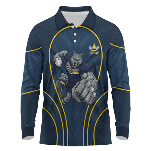 North Queensland Cowboys Rugby Mascot Long Sleeve Polo Shirt Australian Rugby Culture - Tribal Inspired Wolf