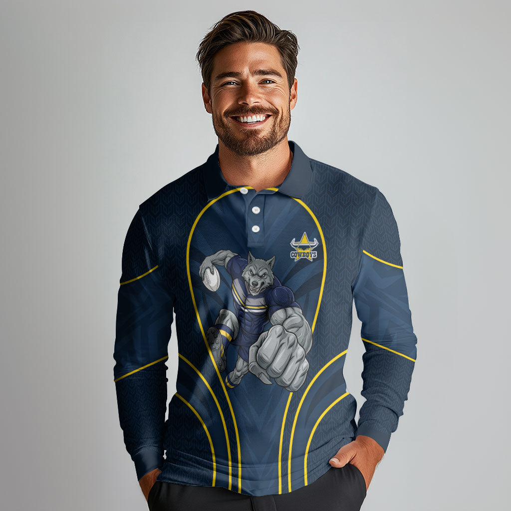 North Queensland Cowboys Rugby Mascot Long Sleeve Polo Shirt Australian Rugby Culture - Tribal Inspired Wolf