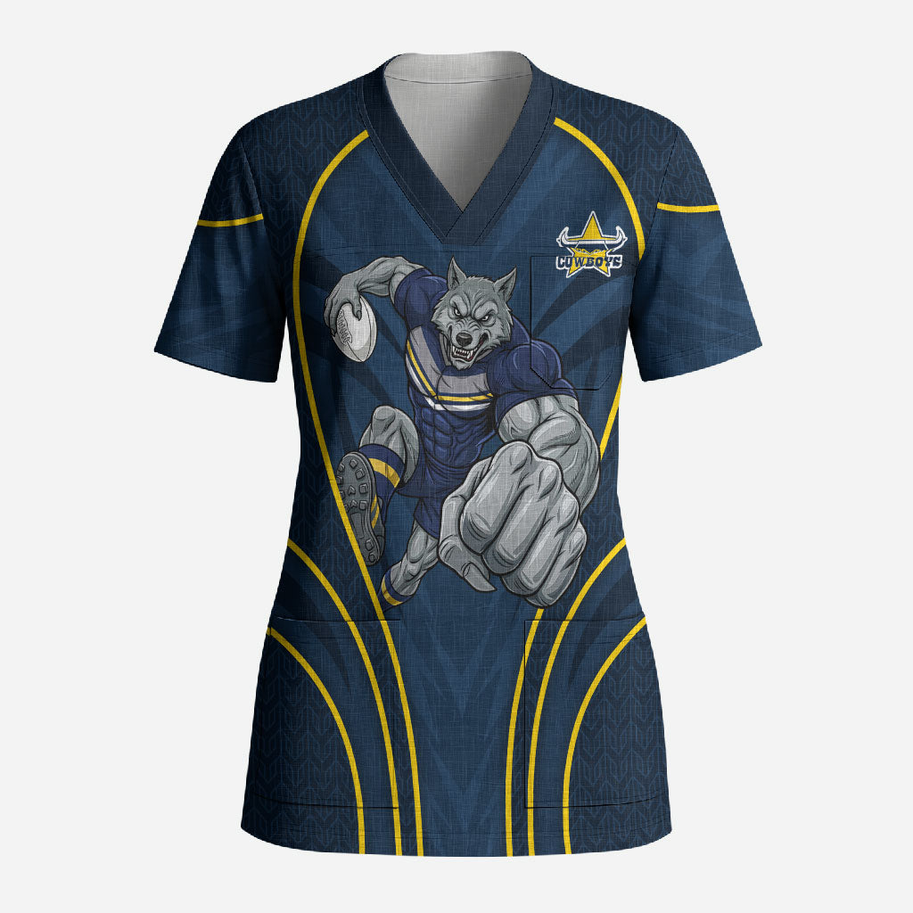 North Queensland Cowboys Rugby Mascot Scrub Top Australian Rugby Culture - Tribal Inspired Wolf