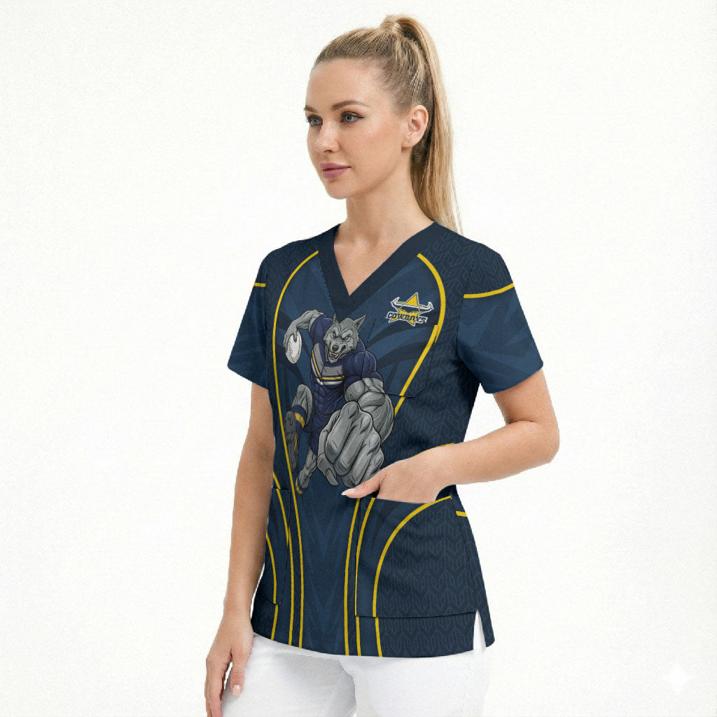 North Queensland Cowboys Rugby Mascot Scrub Top Australian Rugby Culture - Tribal Inspired Wolf