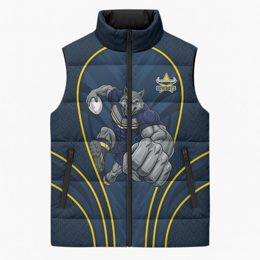 North Queensland Cowboys Rugby Mascot Sleeveless Puffer Jacket Australian Rugby Culture - Tribal Inspired Wolf