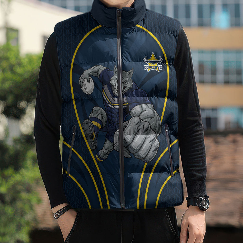 North Queensland Cowboys Rugby Mascot Sleeveless Puffer Jacket Australian Rugby Culture - Tribal Inspired Wolf