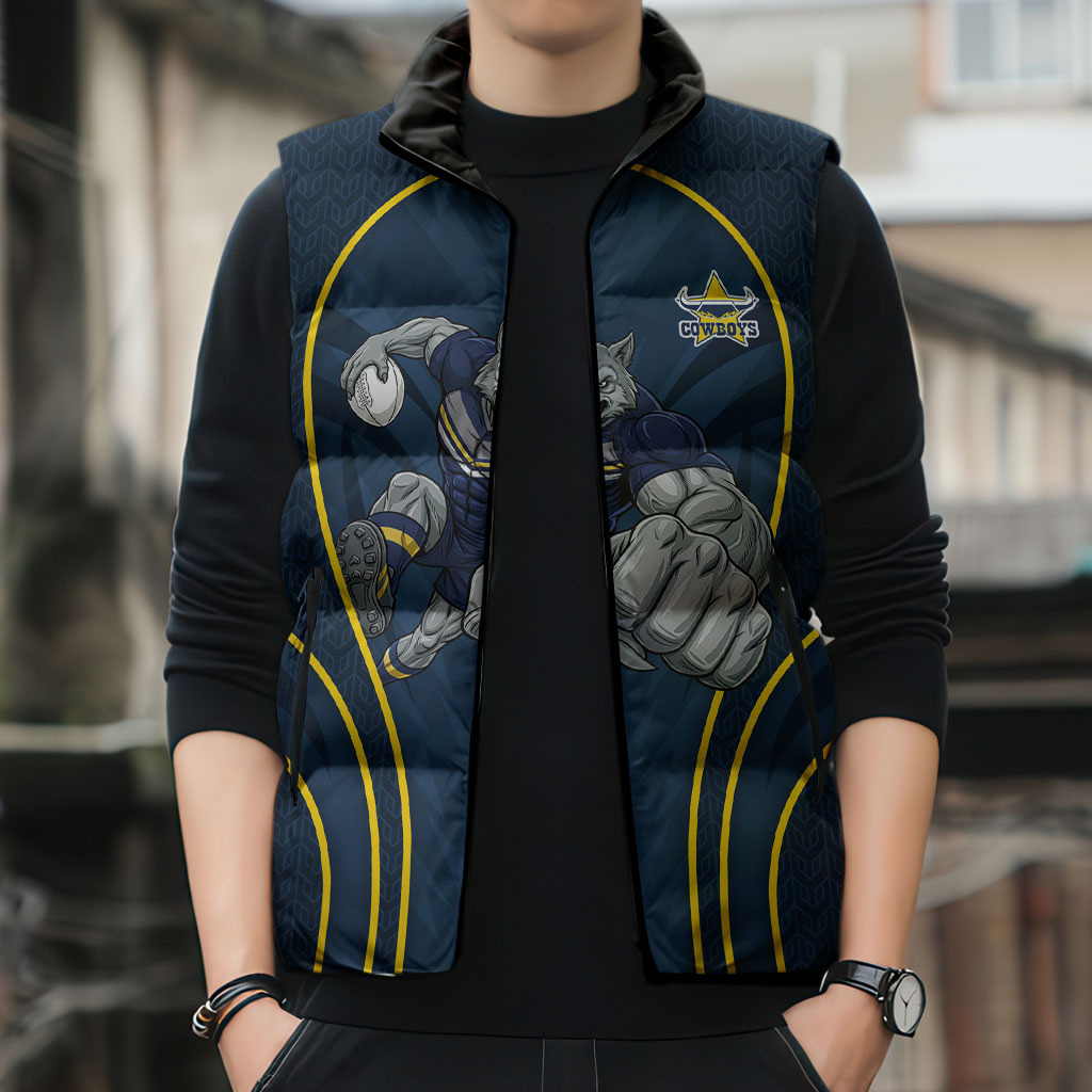 North Queensland Cowboys Rugby Mascot Sleeveless Puffer Jacket Australian Rugby Culture - Tribal Inspired Wolf