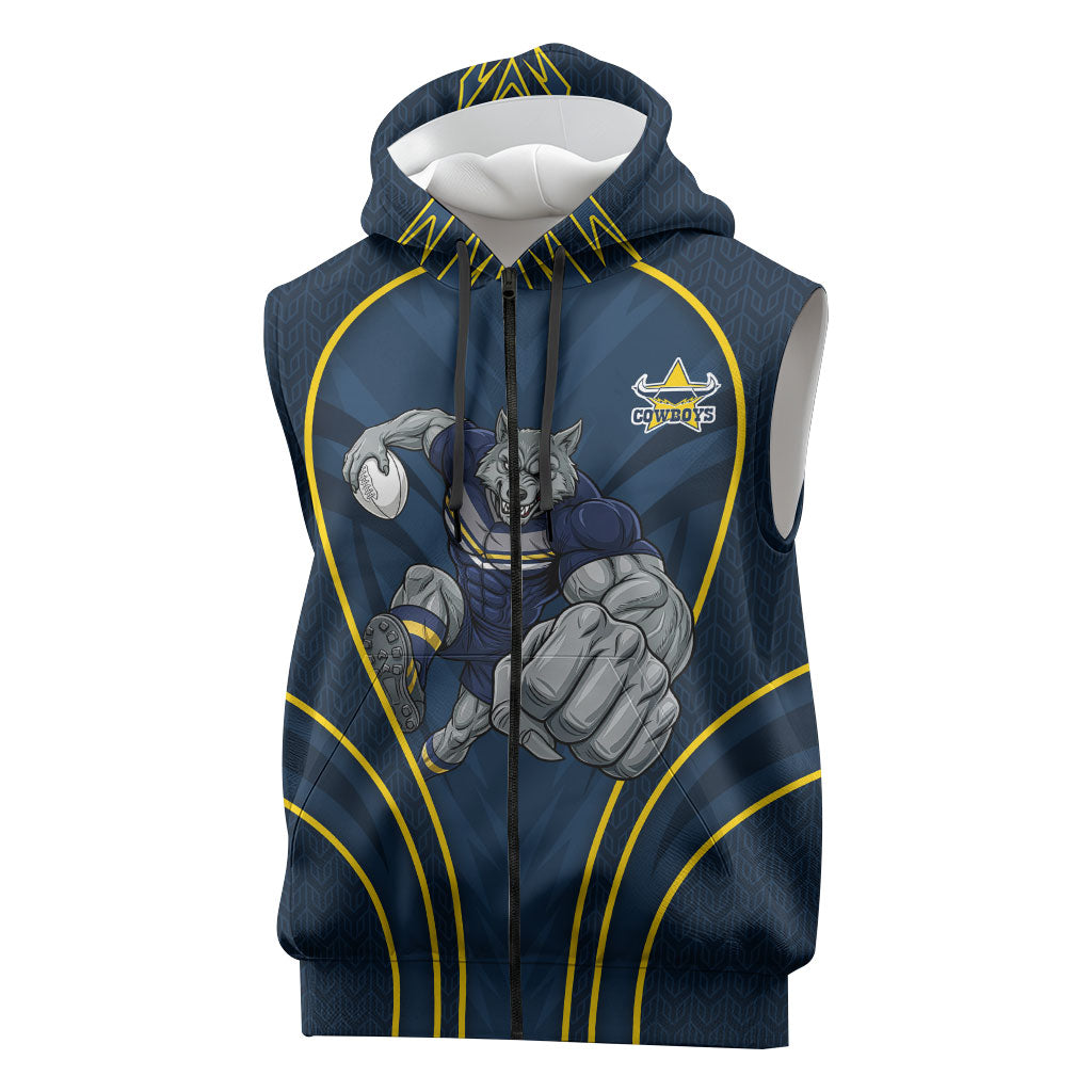North Queensland Cowboys Rugby Mascot Sleeveless Zip Hoodie Australian Rugby Culture - Tribal Inspired Wolf