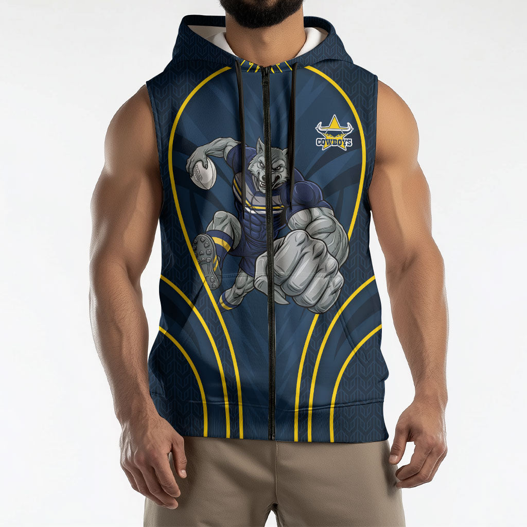 North Queensland Cowboys Rugby Mascot Sleeveless Zip Hoodie Australian Rugby Culture - Tribal Inspired Wolf
