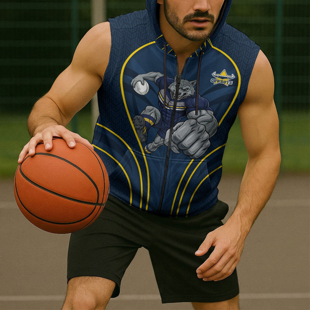 North Queensland Cowboys Rugby Mascot Sleeveless Zip Hoodie Australian Rugby Culture - Tribal Inspired Wolf