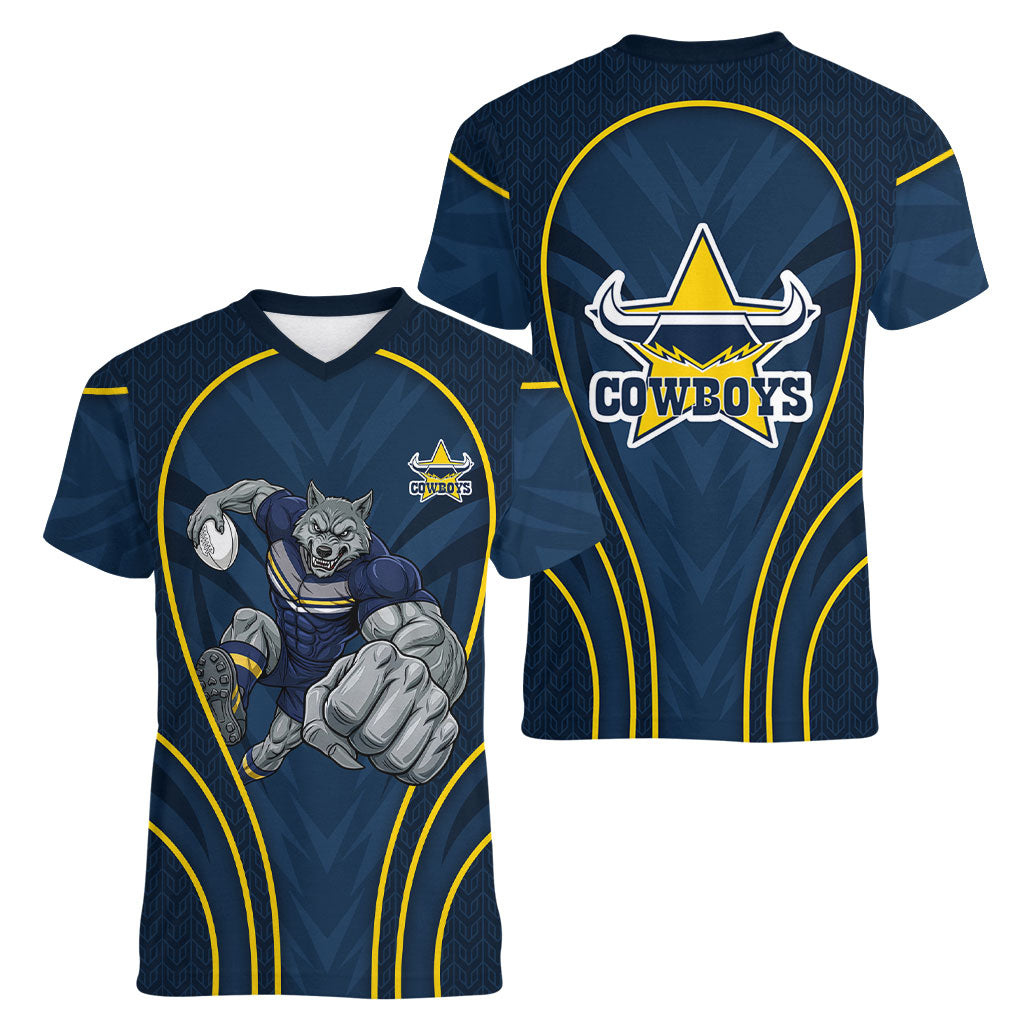 North Queensland Cowboys Rugby Mascot Women V-Neck T-Shirt Australian Rugby Culture - Tribal Inspired Wolf