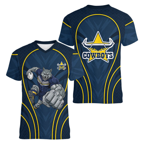 North Queensland Cowboys Rugby Mascot Women V-Neck T-Shirt Australian Rugby Culture - Tribal Inspired Wolf
