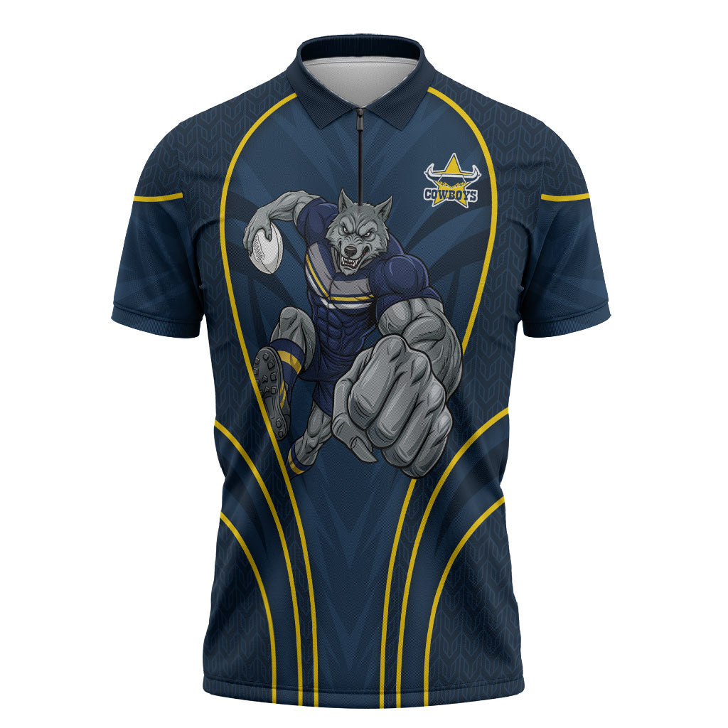 North Queensland Cowboys Rugby Mascot Zipper Polo Shirt Australian Rugby Culture - Tribal Inspired Wolf