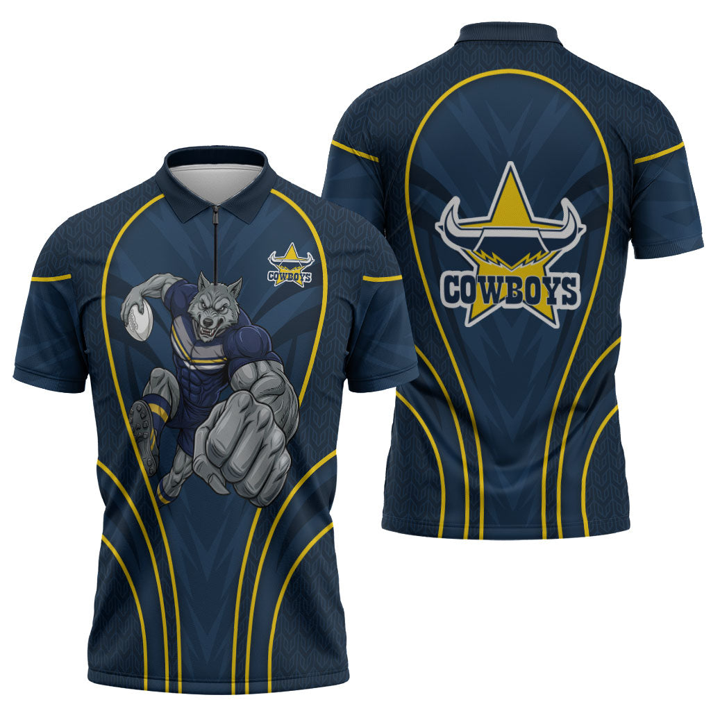 North Queensland Cowboys Rugby Mascot Zipper Polo Shirt Australian Rugby Culture - Tribal Inspired Wolf