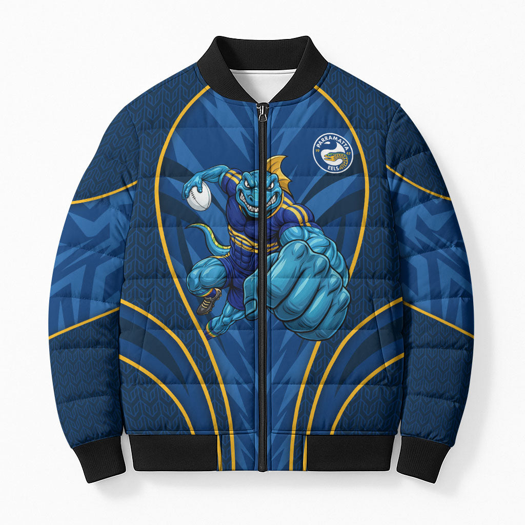 Parramatta Eels Rugby Mascot Bomber Puffer Jacket Australian Rugby Culture - Tribal Inspired Eel