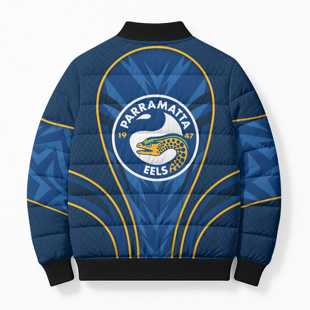 Parramatta Eels Rugby Mascot Bomber Puffer Jacket Australian Rugby Culture - Tribal Inspired Eel
