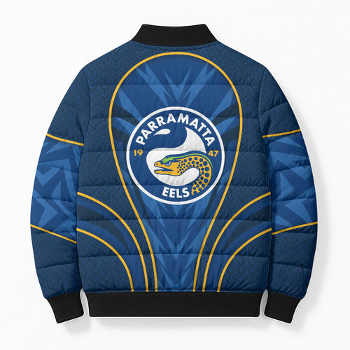 Parramatta Eels Rugby Mascot Bomber Puffer Jacket Australian Rugby Culture - Tribal Inspired Eel