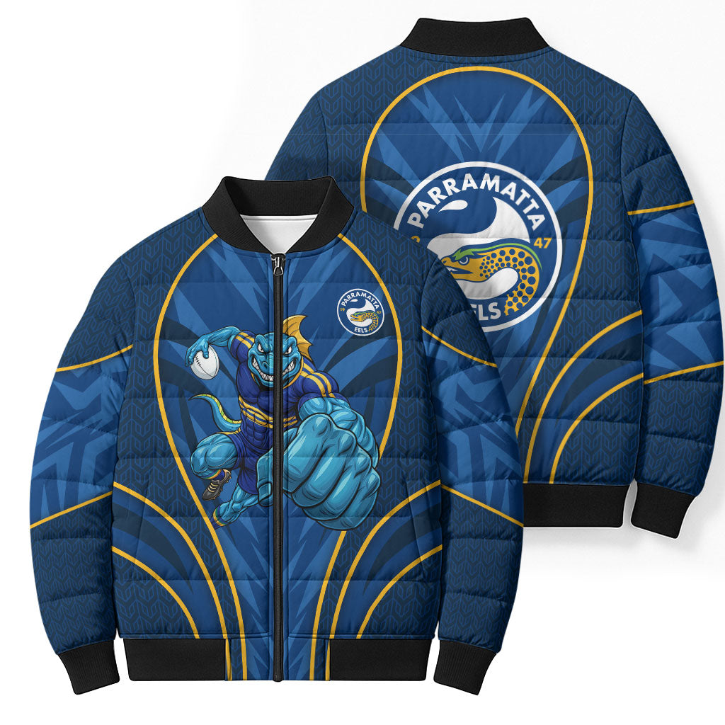 Parramatta Eels Rugby Mascot Bomber Puffer Jacket Australian Rugby Culture - Tribal Inspired Eel