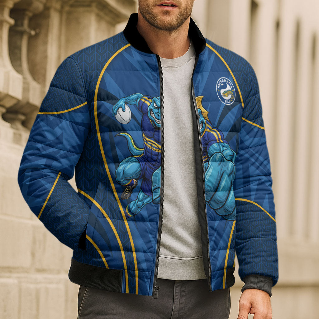 Parramatta Eels Rugby Mascot Bomber Puffer Jacket Australian Rugby Culture - Tribal Inspired Eel
